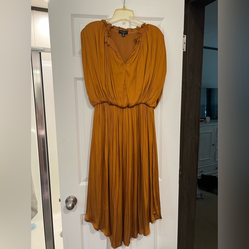 Current Air Orange Pleated Dress with Plunge Neckline